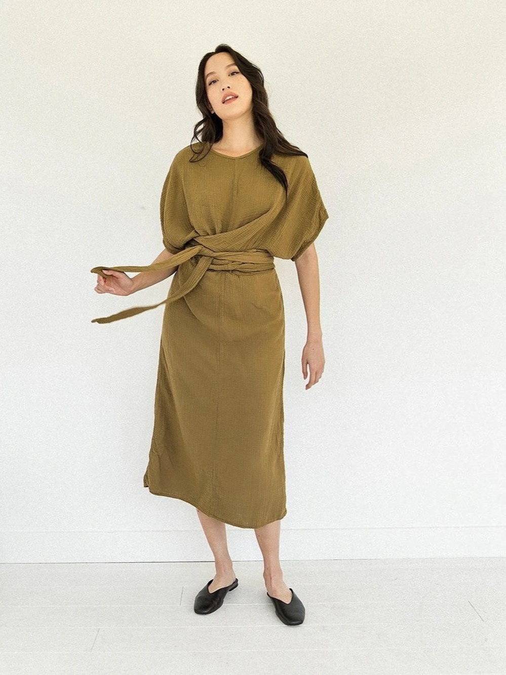 SUUNDAY The Dolman Dress Cotton Tie Waist Midi Dress Brown XS